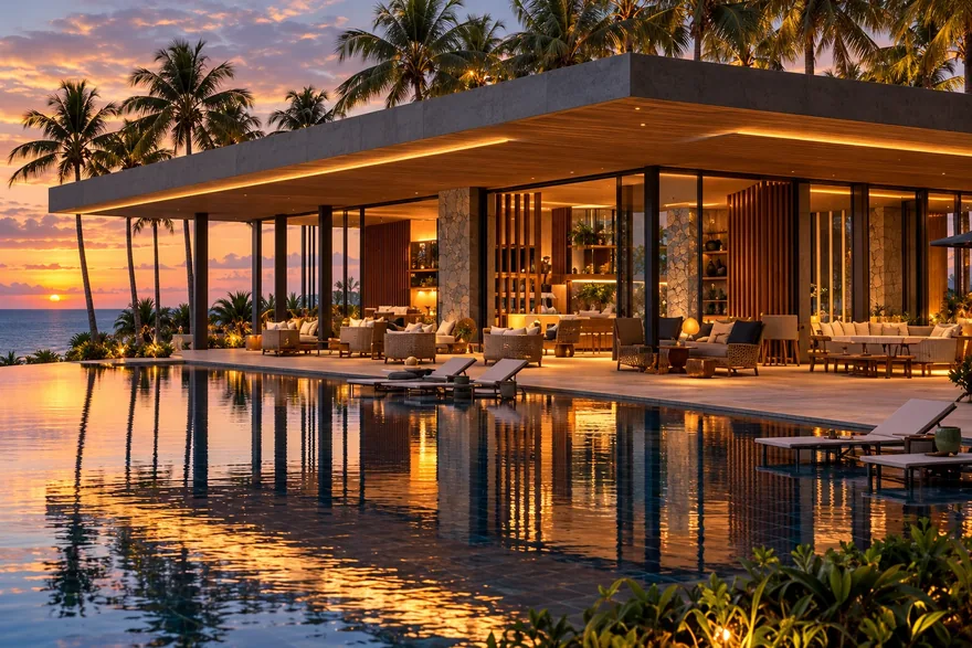Restaurante de resort iluminado à noite, com piscina de borda infinita