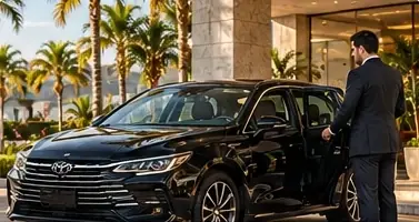 Motorista abre a porta de um sedã preto na entrada de um hotel com coqueiros