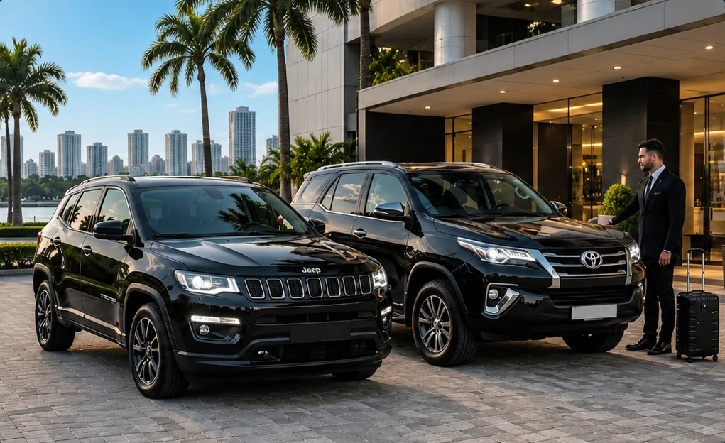 Duas SUVs pretas estacionadas em frente a um hotel, com motorista de terno ao lado e mala de viagem